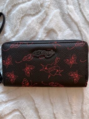 Ed Hardy Black with Red Tattoo Print Wristlet